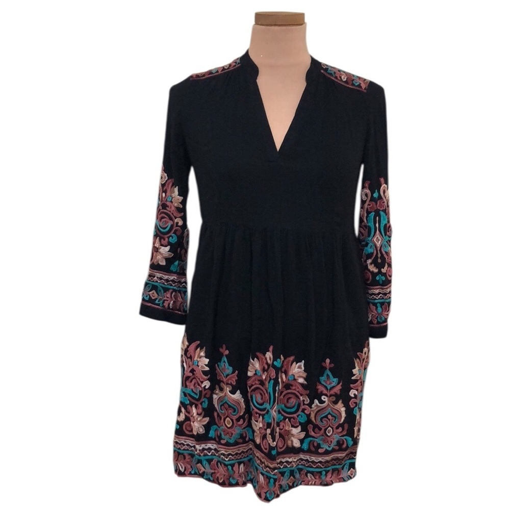 Anthropologie Floreat Avery Dress Size XS Petite Black Embroidered